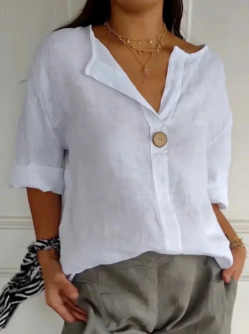 CLEARANCE SALEš„ Loose T-shirt Women's V-neck Cotton Button Top