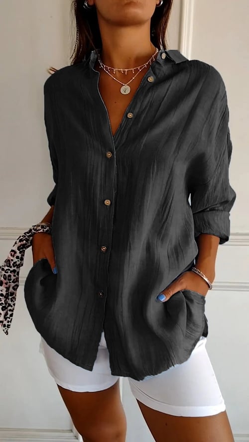 Women's Cotton and Linen Casual Single-Breasted Pleated Lapel Shirt