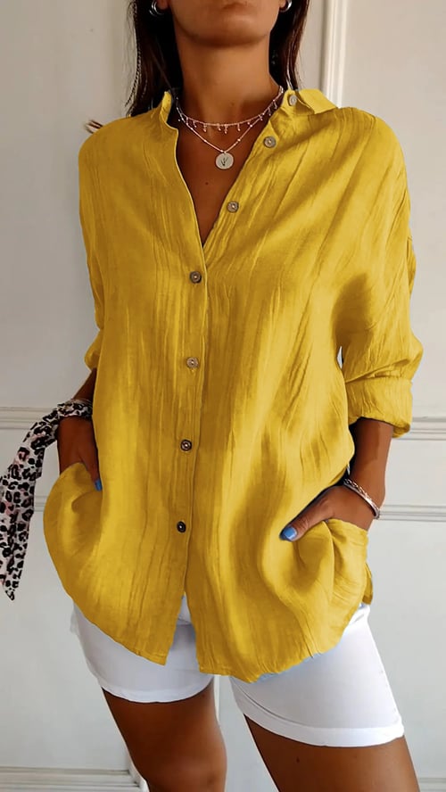 Women's Cotton and Linen Casual Single-Breasted Pleated Lapel Shirt