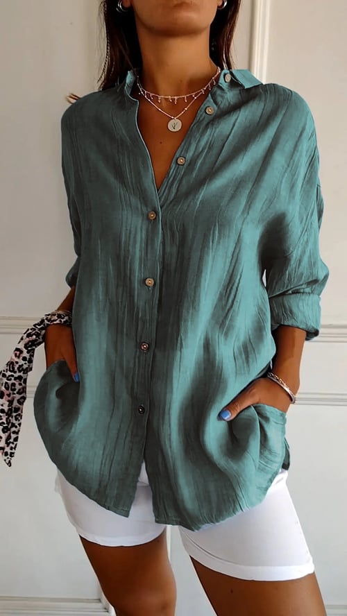 Women's Cotton and Linen Casual Single-Breasted Pleated Lapel Shirt