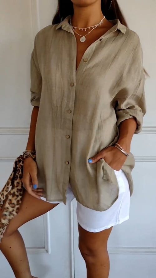 Women's Cotton and Linen Casual Single-Breasted Pleated Lapel Shirt