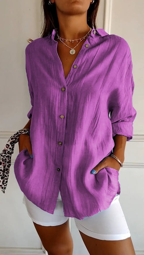 Women's Cotton and Linen Casual Single-Breasted Pleated Lapel Shirt
