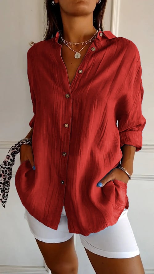 Women's Cotton and Linen Casual Single-Breasted Pleated Lapel Shirt