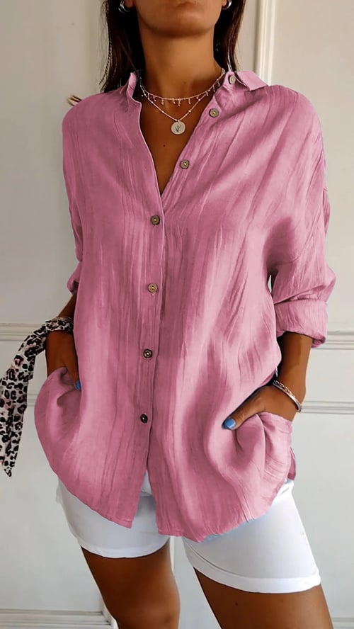 Women's Cotton and Linen Casual Single-Breasted Pleated Lapel Shirt
